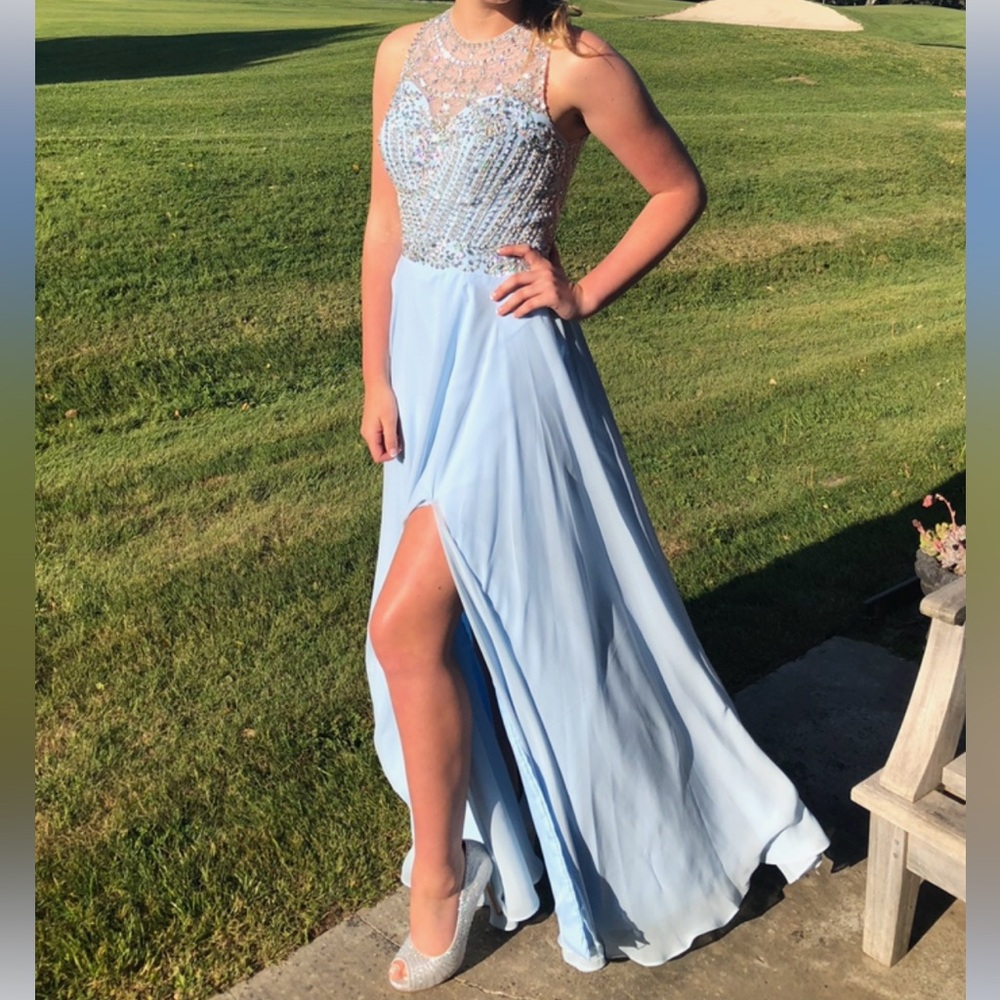Elegant Light Blue Gown with Silver Embellishments